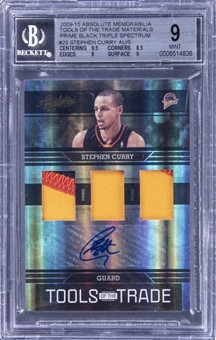 2009-10 Panini Absolute Memorabilia Tools Of The Trade Materials Prime Black Triple Spectrum #23 Stephen Curry Signed Patch Rookie Card (#5/5) - BGS MINT 9/BGS 9